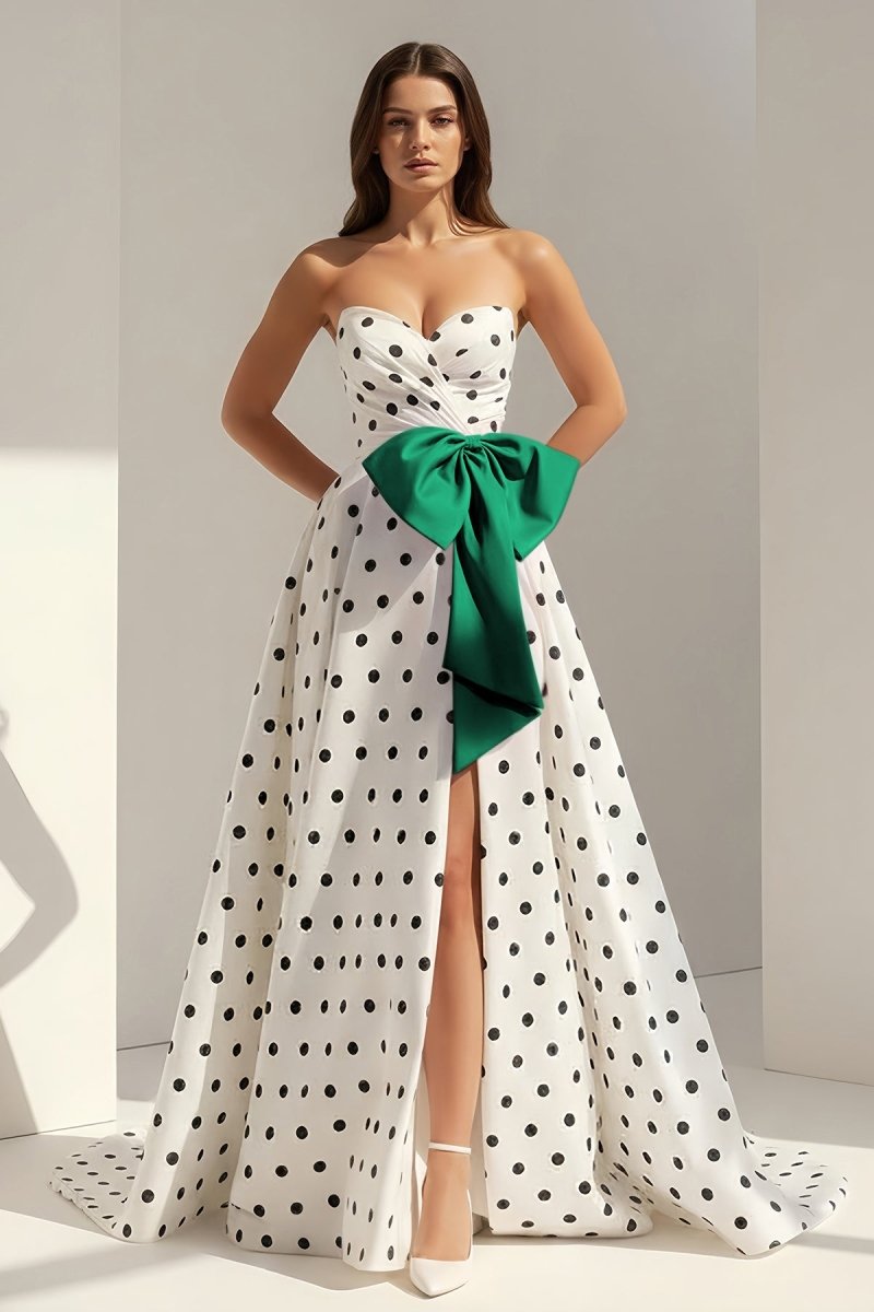 Fuchsia Sweetheart A Line Polka Dots Satin Long Prom Dresses With Bow