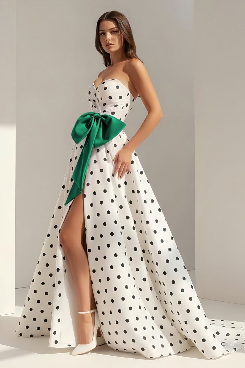 Fuchsia Sweetheart A Line Polka Dots Satin Long Prom Dresses With Bow