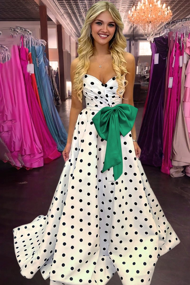 Fuchsia Sweetheart A Line Polka Dots Satin Long Prom Dresses With Bow