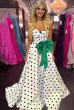 Fuchsia Sweetheart A Line Polka Dots Satin Long Prom Dresses With Bow