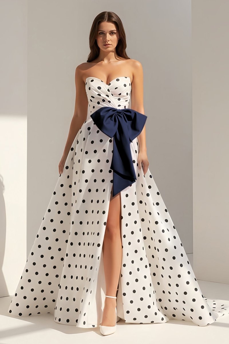 Fuchsia Sweetheart A Line Polka Dots Satin Long Prom Dresses With Bow