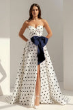 Fuchsia Sweetheart A Line Polka Dots Satin Long Prom Dresses With Bow