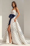 Fuchsia Sweetheart A Line Polka Dots Satin Long Prom Dresses With Bow