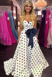 Fuchsia Sweetheart A Line Polka Dots Satin Long Prom Dresses With Bow