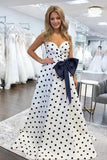 Fuchsia Sweetheart A Line Polka Dots Satin Long Prom Dresses With Bow