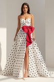 Fuchsia Sweetheart A Line Polka Dots Satin Long Prom Dresses With Bow