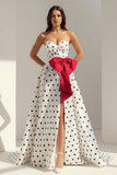 Fuchsia Sweetheart A Line Polka Dots Satin Long Prom Dresses With Bow