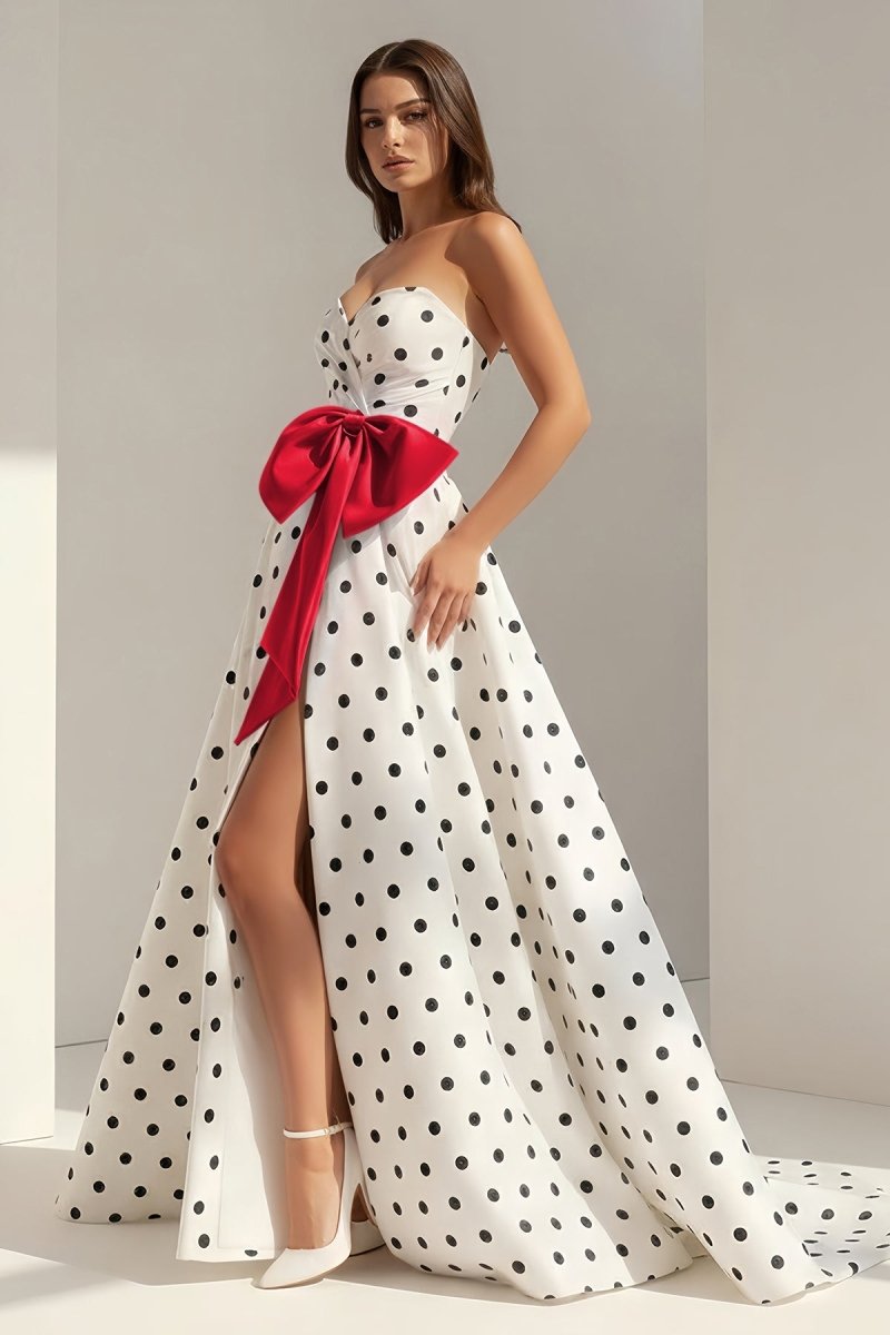Fuchsia Sweetheart A Line Polka Dots Satin Long Prom Dresses With Bow