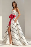 Fuchsia Sweetheart A Line Polka Dots Satin Long Prom Dresses With Bow