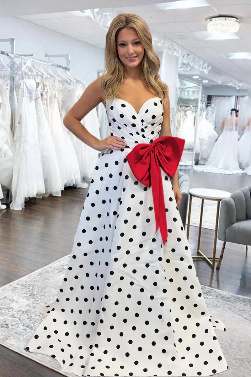 Fuchsia Sweetheart A Line Polka Dots Satin Long Prom Dresses With Bow
