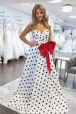Fuchsia Sweetheart A Line Polka Dots Satin Long Prom Dresses With Bow