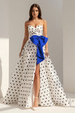 Fuchsia Sweetheart A Line Polka Dots Satin Long Prom Dresses With Bow