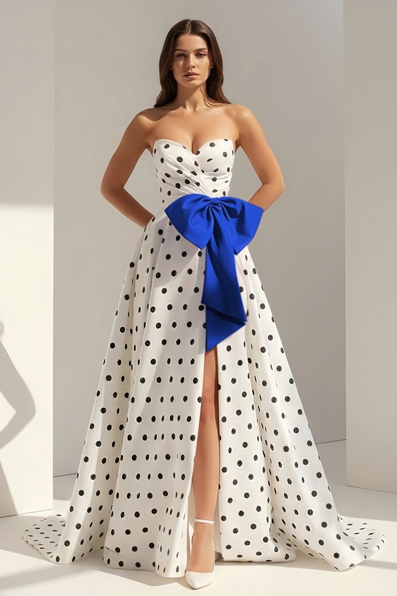 Fuchsia Sweetheart A Line Polka Dots Satin Long Prom Dresses With Bow