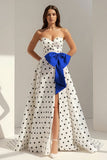 Fuchsia Sweetheart A Line Polka Dots Satin Long Prom Dresses With Bow