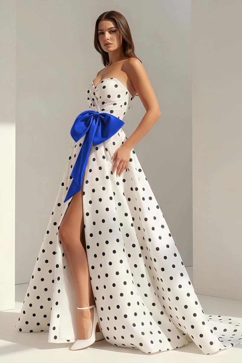 Fuchsia Sweetheart A Line Polka Dots Satin Long Prom Dresses With Bow