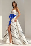 Fuchsia Sweetheart A Line Polka Dots Satin Long Prom Dresses With Bow