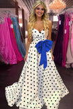 Fuchsia Sweetheart A Line Polka Dots Satin Long Prom Dresses With Bow