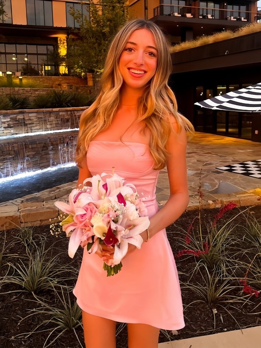 Pink - Square Neck Sleeveless A Line Short Cocktail Dresses
