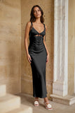 Pink Sheath Spaghetti Straps Satin Long Prom Dresses With Keyhole