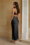 Pink Sheath Spaghetti Straps Satin Long Prom Dresses With Keyhole