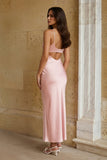 Pink Sheath Spaghetti Straps Satin Long Prom Dresses With Keyhole