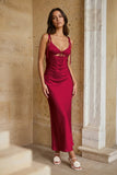 Pink Sheath Spaghetti Straps Satin Long Prom Dresses With Keyhole