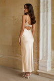 Pink Sheath Spaghetti Straps Satin Long Prom Dresses With Keyhole