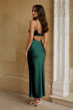 Pink Sheath Spaghetti Straps Satin Long Prom Dresses With Keyhole