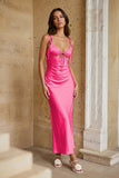 Pink Sheath Spaghetti Straps Satin Long Prom Dresses With Keyhole