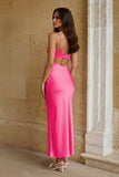 Pink Sheath Spaghetti Straps Satin Long Prom Dresses With Keyhole