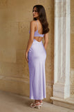 Pink Sheath Spaghetti Straps Satin Long Prom Dresses With Keyhole