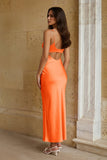 Pink Sheath Spaghetti Straps Satin Long Prom Dresses With Keyhole