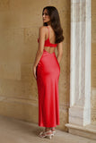 Pink Sheath Spaghetti Straps Satin Long Prom Dresses With Keyhole