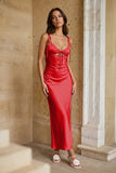 Pink Sheath Spaghetti Straps Satin Long Prom Dresses With Keyhole