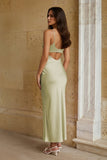 Pink Sheath Spaghetti Straps Satin Long Prom Dresses With Keyhole