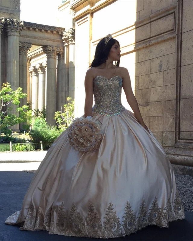 Sweetheart Embroidery Satin  Champagne Quinceanera Dresses Lace Ball Gowns