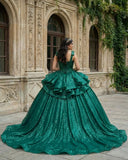 Ball-Gown Lace Emerald Green Glitters Quinceanera Dresses