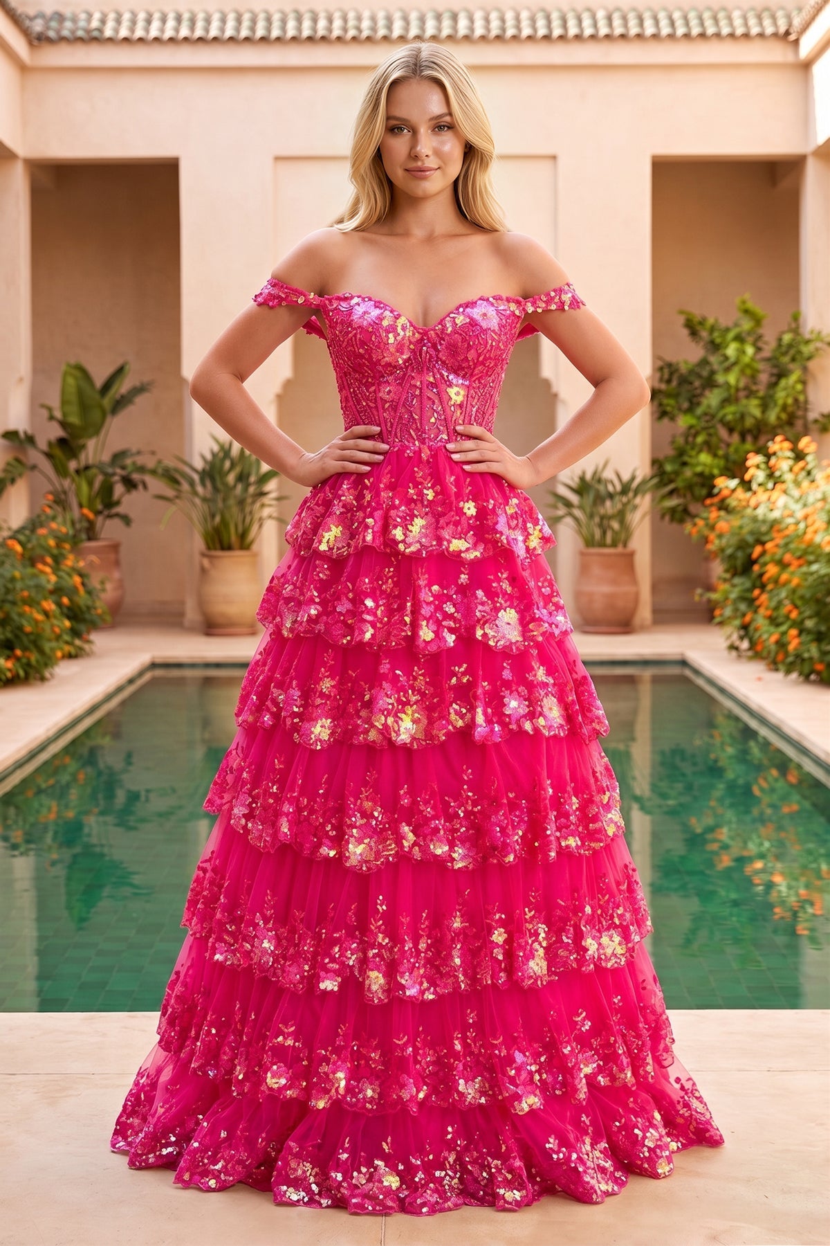 Princess Off the Shoulder Sequined Lace Prom Dress