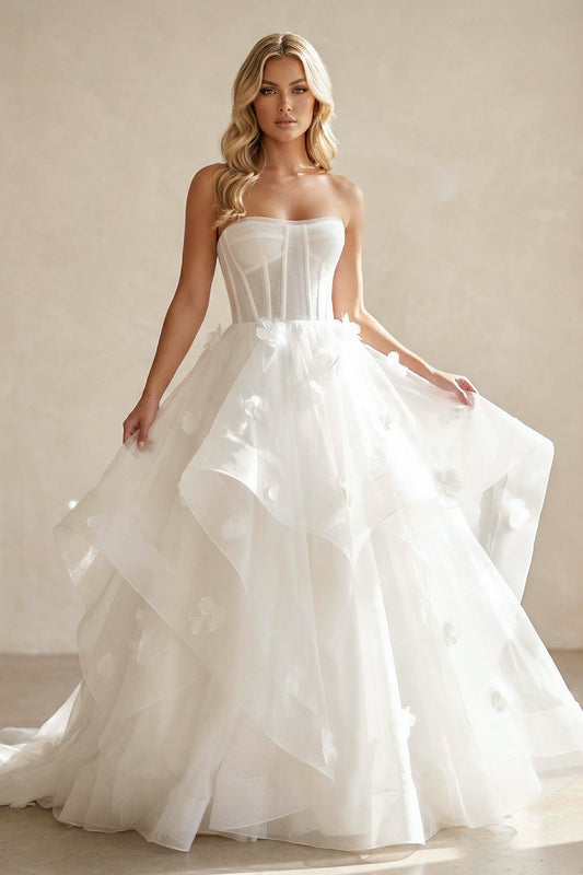 Simple White Corset Gown Wedding Dress with Appliques