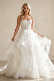 Simple White Corset Gown Wedding Dress with Appliques