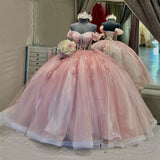 Ball-Gown Tulle Light Pink Off-the-Shoulder Quinceanera Dress with Appliques
