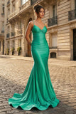 Mermaid Spaghetti Straps Blue Satin Long Prom Dress with Criss Cross Back