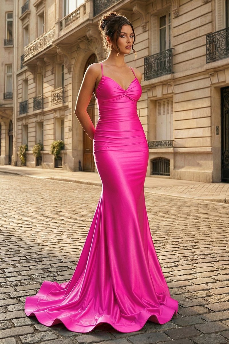 Mermaid Spaghetti Straps Blue Satin Long Prom Dress with Criss Cross Back