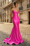 Mermaid Spaghetti Straps Blue Satin Long Prom Dress with Criss Cross Back