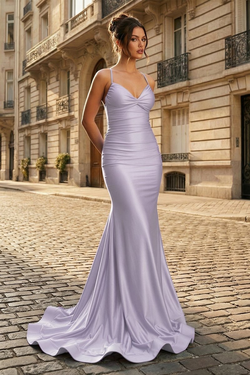Mermaid Spaghetti Straps Blue Satin Long Prom Dress with Criss Cross Back