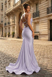 Mermaid Spaghetti Straps Blue Satin Long Prom Dress with Criss Cross Back