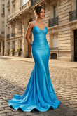 Mermaid Spaghetti Straps Blue Satin Long Prom Dress with Criss Cross Back
