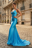 Mermaid Spaghetti Straps Blue Satin Long Prom Dress with Criss Cross Back