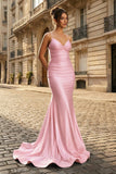 Mermaid Spaghetti Straps Blue Satin Long Prom Dress with Criss Cross Back