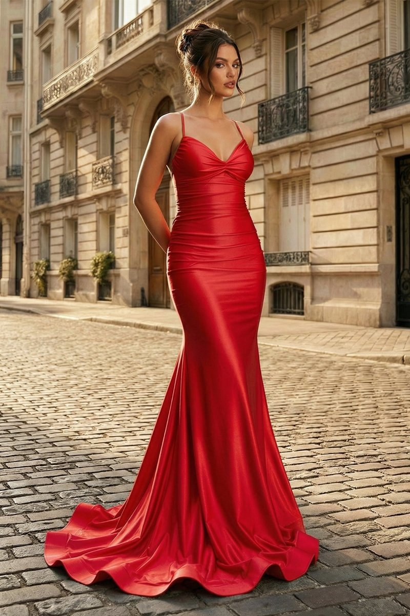 Mermaid Spaghetti Straps Blue Satin Long Prom Dress with Criss Cross Back